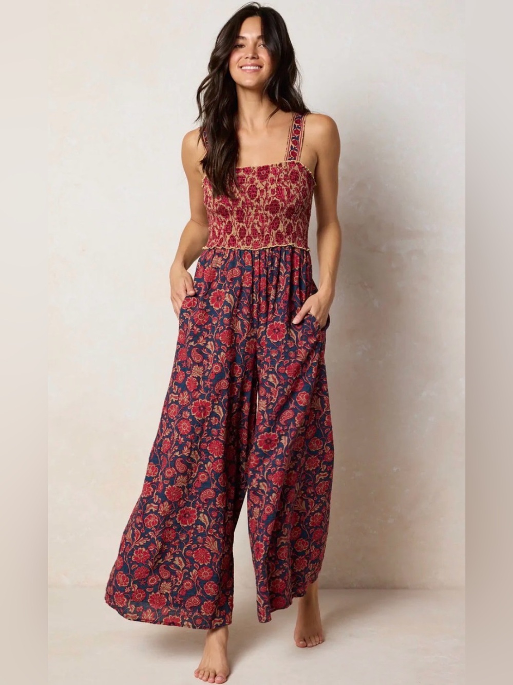 Natural Life XL Sedona Floral Wide-Leg Jumpsuit Square Neck Sleeveless